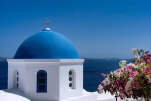 santorini, blue, dome, island, greece, travel, vacation, mediterranean, nature, blue sky, architecture, landmark, famous, tourist, church, sky, holiday, caldera