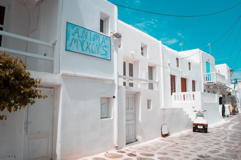 houses, mykonos, greece, street, white houses, architecture, nature, road, town, village, landscape, sunny, summer, outdoors, sky, scenic