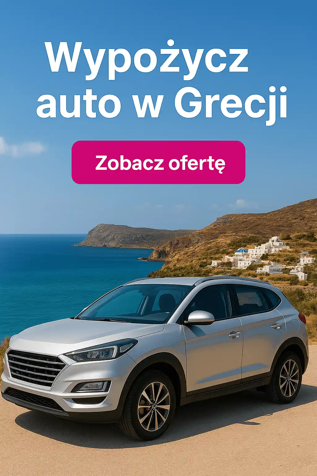Samochód na tle greckiej wyspy – wypożyczalnia aut w Grecji